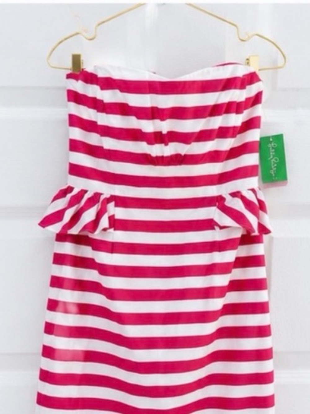 Lilly Pulitzer Pink and White Striped Strapless Peplum Dress - Picture 2 of 13